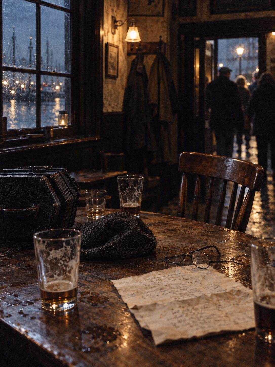 A tavern table with glasses, a song sheet, a cap, and a concertina after a gathering