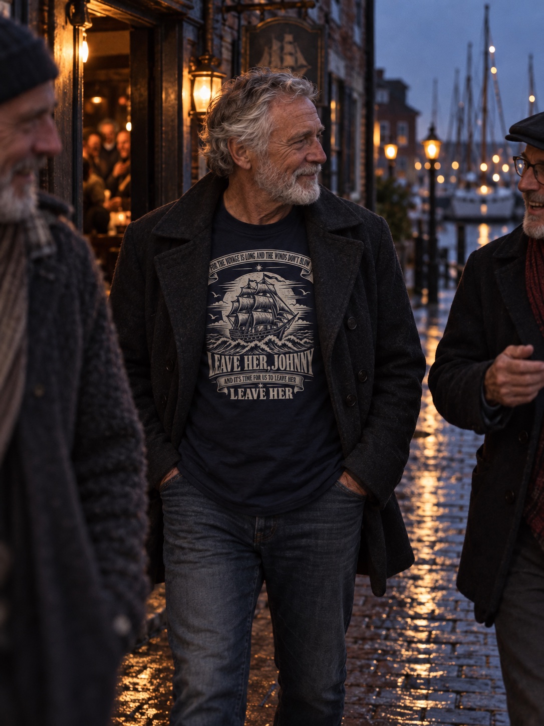 Man wearing Leave Her, Johnny, Leave Her in Navy while talking with friends outside a pub