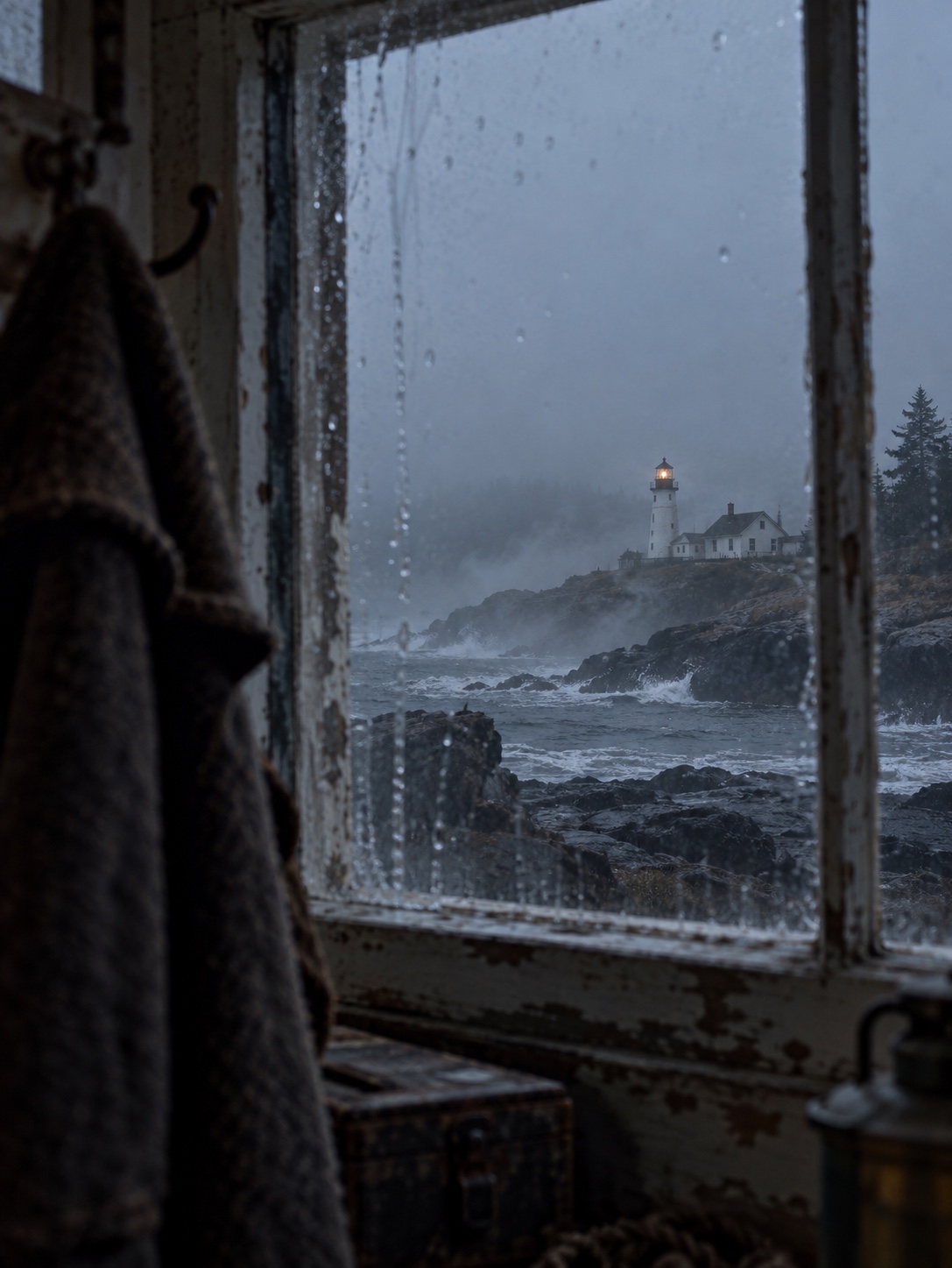 Fogbound lighthouse seen through a rain-streaked harbor shelter window