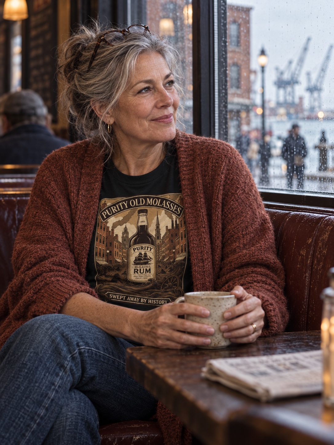 Woman wearing the Old Molasses Rum shirt in a rain-lit harbor cafe