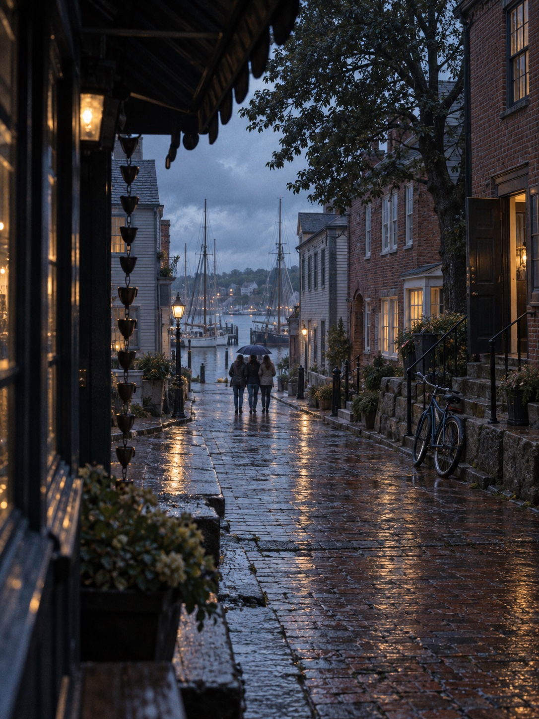 Friends sharing an umbrella on a rain-darkened port-town street