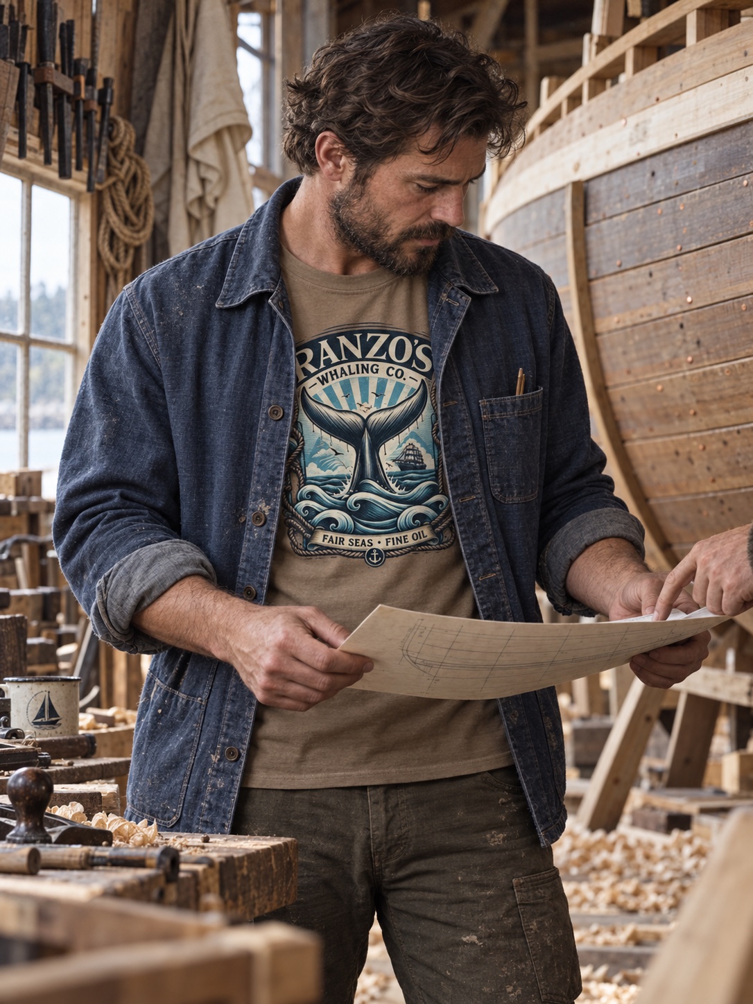 A man wearing Ranzo’s Whaling Co. studies a boat plan with a friend in a wooden boat workshop