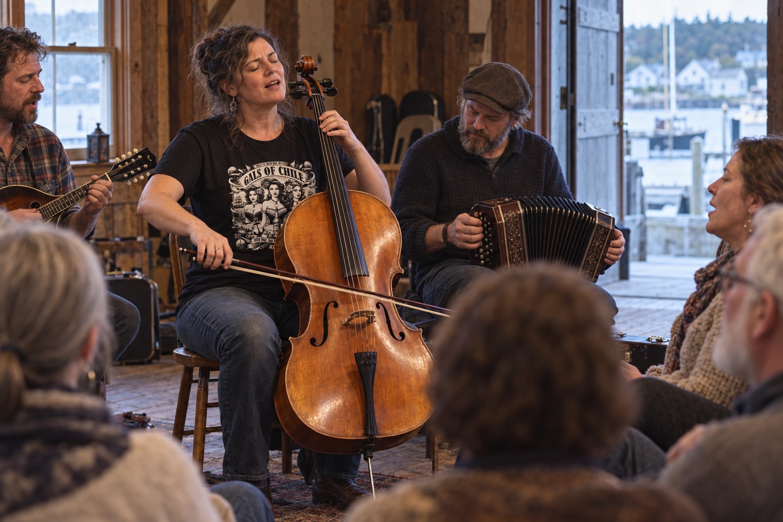 Musicians and singers sharing a sea song in a timber harbor hall