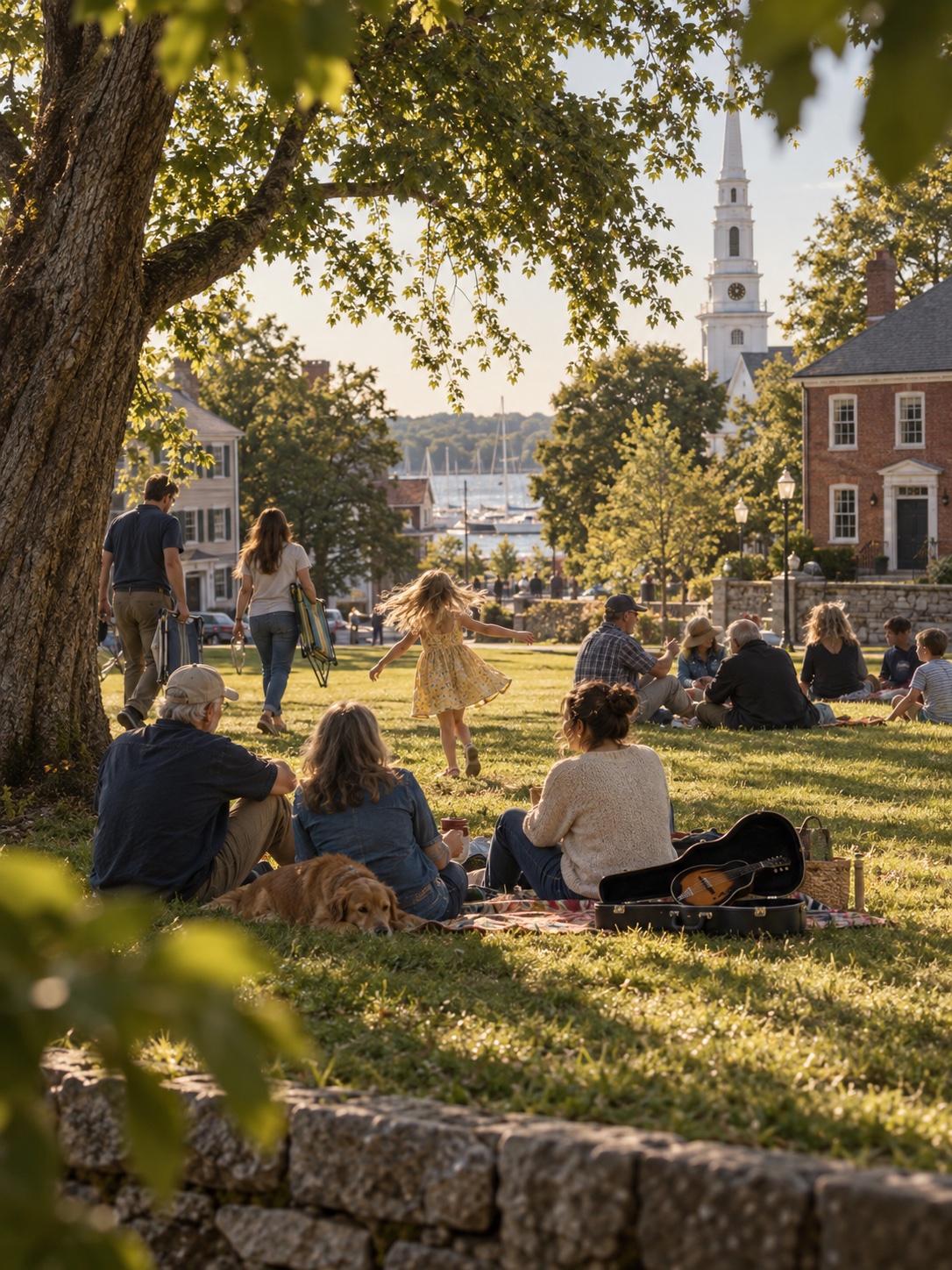 Families and friends gathering on a sunny New England town green above the harbor