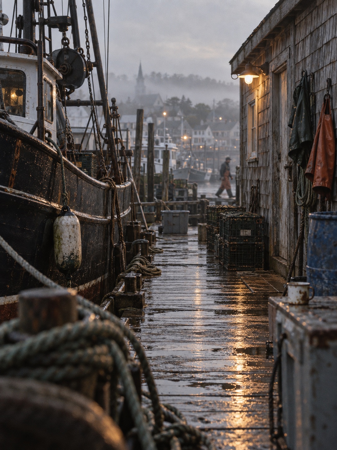 Rain-wet dock between a working fishing boat and a weathered harbor shed